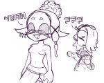  2022 animal_humanoid areola breasts cephalopod cephalopod_humanoid duo female frye_(splatoon) hexanne humanoid humanoid_pointy_ears inkling marine marine_humanoid mollusk mollusk_humanoid monochrome nintendo nipples not_furry pseudo_hair question_mark shiver_(splatoon) simple_background splatoon tentacle_hair tentacles video_games 