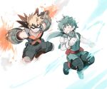  2boys bakugou_katsuki belt black_bodysuit black_footwear black_mask blank_eyes blonde_hair bodysuit boku_no_hero_academia boots closed_mouth explosion eye_mask freckles full_body full_cowling_(boku_no_hero_academia) gloves green_bodysuit green_eyes green_hair highres hood hood_down knee_pads looking_at_another male_focus midoriya_izuku multiple_boys nugunasutu open_mouth red_belt short_hair simple_background spiked_hair white_background white_gloves 