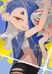  asymmetrical_hair cephalopod_eyes chest_sarashi colored_skin hair_ornament hand_fan highres looking_at_viewer multicolored_skin octoling p-pepper pointy_ears pointy_hair poncho red_eyes sarashi shiver_(splatoon) smile splatoon_(series) splatoon_3 suction_cups tentacle_hair 