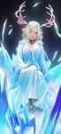  2022 anthro antlers blonde_hair blue_eyes capreoline cervid clothing deltarune female hair hi_res horn ice long_hair looking_at_viewer magic mammal noelle_holiday pixiv_id_44342234 reindeer robe sitting solo stare undertale_(series) video_games white_clothing white_robe 