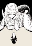  2girls breasts chimera closed_eyes dragon_tail dungeon_meshi elf facing_another facing_away falin_thorden feathered_wings feathers hand_on_own_arm hand_up head_rest hhemuri long_hair lying marcille monochrome monster_girl multiple_girls nude on_stomach pointy_ears robe short_hair sitting size_difference smile spoilers tail wariza wings 