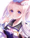  1girl bangs collarbone floating_hair grin long_hair looking_at_viewer princess_connect! purple_eyes ryuna_(inc_moon) simple_background smile solo tsumugi_(princess_connect!) upper_body white_background white_hair wrist_cuffs 