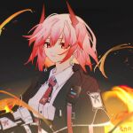  1girl aiyouyin animal_ears arknights bird_ears black_background black_jacket breasts collared_shirt earpiece fiammetta_(arknights) fire highres jacket necktie pink_hair red_eyes red_necktie shirt short_hair simple_background small_breasts solo upper_body walkie-talkie white_shirt 