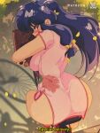  1girl ass bell bicycle blue_hair bluethebone blush breasts china_dress chinese_clothes commentary dress english_commentary english_text falling_leaves from_behind ground_vehicle hair_bell hair_ornament highres jingle_bell large_breasts leaf long_hair looking_at_viewer looking_back paid_reward_available pink_dress purple_eyes ranma_1/2 retro_artstyle riding riding_bicycle shampoo_(ranma_1/2) short_sleeves side_slit solo subtitled 