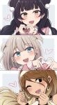  3girls ;d absurdres black_hair blush brown_hair bunny_earrings dark-skinned_female dark_skin double_finger_heart earrings finger_heart gradient_hair grey_hair hairband heart heart_earrings heart_hands highres idolmaster idolmaster_shiny_colors izumi_mei jewelry looking_at_viewer mayuzumi_fuyuko meiji_(meizi493) multicolored_hair multiple_girls nail_polish one_eye_closed patterned_background portrait serizawa_asahi smile straylight_(idolmaster) two_side_up white_hairband 