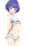  1girl :d arched_back arms_behind_back bare_arms bare_shoulders blue_bra blue_hair blue_panties bra breasts cowboy_shot fang fluno frilled_bra frilled_panties frills gochuumon_wa_usagi_desu_ka? groin highres jouga_maya lingerie looking_at_viewer navel open_mouth panties red_ribbon ribbon shiny shiny_hair short_hair simple_background small_breasts smile solo standing straight_hair underwear underwear_only white_background yellow_eyes 