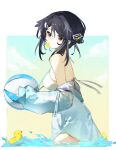 1girl arknights ball bare_shoulders beachball black_hair blue_jacket commentary_request grey_eyes highres holding holding_ball jacket la_pluma_(arknights) la_pluma_(summer_flowers)_(arknights) long_sleeves looking_at_viewer mangguomg233 mouth_hold off_shoulder open_clothes open_jacket rubber_duck short_hair solo wading whistle 