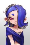  1girl asymmetrical_hair blue_hair cephalopod_eyes chest_sarashi earrings eeveebooyah eyeliner hair_ornament highres jewelry looking_at_viewer makeup octoling pointy_ears pointy_hair poncho red_eyes sarashi shiver_(splatoon) smile solo splatoon_(series) splatoon_3 suction_cups tentacle_hair 