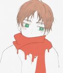  1boy bangs blush brown_hair child covered_mouth crying eren_yeager green_eyes highres hu_(saimens) lying male_child male_focus on_back partially_colored red_scarf scarf shingeki_no_kyojin short_hair sideways_glance solo upper_body younger 