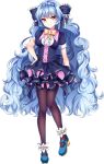  1girl agekichi_(heart_shape) artwhirl_mahou_gakuen_no_otome-tachi bangs black_pantyhose black_skirt blue_bow blue_footwear blue_hair bow bowtie braid closed_mouth crown_braid frilled_bow frills full_body hair_between_eyes hair_bow hand_on_hip layered_skirt long_hair looking_at_viewer miniskirt pantyhose red_eyes shiny shiny_hair short_sleeves silvia_(artwhirl) skirt smile solo standing striped striped_bow tachi-e transparent_background very_long_hair yellow_bow yellow_bowtie 