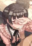  1boy 1girl bag bangs black_hair black_ribbon black_skirt blush censored closed_eyes covering_eyes cum cum_in_mouth ejaculation erection erere fellatio fingernails identity_censor idolmaster idolmaster_shiny_colors indoors kneeling long_fingernails long_hair long_sleeves mayuzumi_fuyuko mosaic_censoring neck_ribbon oral penis pink_shirt ribbon saliva school_bag shirt skirt suspenders sweatdrop two_side_up 