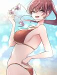  1girl :d ass bangs bare_shoulders bikini earrings heart heart-shaped_eyewear hololive houshou_marine jewelry kuratarou0011 long_hair ponytail red_bikini red_eyes red_hair smile solo sunglasses swimsuit teeth virtual_youtuber 