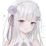  1girl artist_name bangs bare_shoulders blunt_bangs collar diamond_(shape) emilia_(re:zero) flower gem green_gemstone hair_flower hair_ornament hair_ribbon hairband highres jewelry kanda_(kanda_0119) long_hair looking_at_viewer pendant pointy_ears portrait purple_eyes purple_flower purple_ribbon purple_rose re:zero_kara_hajimeru_isekai_seikatsu ribbon rose sidelocks simple_background smile solo white_background white_collar white_hair white_hairband x_hair_ornament 