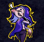  2022 5_fingers bottomwear butt cephalopod clothing female fingers gaborabo hair hi_res humanoid humanoid_pointy_ears looking_back marine midriff mollusk nintendo octarian octoling open_mouth open_smile pants pseudo_hair purple_hair red_eyes shiver_(splatoon) simple_background smile solo splatoon splatoon_(series) tentacle_hair tentacles topwear video_games 