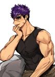 1boy abs bara biceps black_tank_top covered_abs cross_scar earrings head_rest highres jewelry looking_to_the_side male_focus manly muscular muscular_male ninetyyou open_mouth original pectorals purple_hair scar scar_on_face short_hair sitting slit_pupils solo tank_top white_background yellow_eyes 