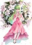  1girl absurdres bangs black_footwear budgiepon c.c. code_geass dress flower full_body green_hair hair_between_eyes highres holding long_hair looking_at_viewer petals pink_dress shiny shiny_hair short_sleeves sitting solo straight_hair very_long_hair white_flower yellow_eyes 