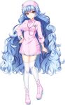  1girl agekichi_(heart_shape) artwhirl_mahou_gakuen_no_otome-tachi bangs blue_hair closed_mouth collared_dress curly_hair dress full_body garter_straps hat highres long_hair long_sleeves looking_at_viewer nurse_cap pink_dress pink_footwear red_eyes shiny shiny_hair short_dress silvia_(artwhirl) smile solo standing tachi-e thighhighs transparent_background very_long_hair wing_collar zettai_ryouiki 