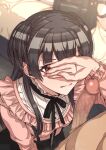  1boy 1girl bag bangs black_hair black_ribbon black_skirt blush brown_eyes censored covering_eyes erection erere fingernails identity_censor idolmaster idolmaster_shiny_colors imminent_fellatio indoors kneeling long_fingernails long_hair long_sleeves mayuzumi_fuyuko mosaic_censoring neck_ribbon parted_lips penis pink_shirt ribbon school_bag shirt skirt suspenders sweatdrop two_side_up 