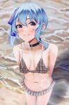  1girl absurdres arms_behind_back beach bikini blue_eyes blue_hair breasts choker collarbone frilled_bikini frills from_above hair_ribbon highres hololive hoshimachi_suisei midriff navel ribbon side_ponytail small_breasts smile solo star_(symbol) star_in_eye swimsuit symbol_in_eye virtual_youtuber yumenoakagi 