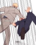  2boys black_footwear black_pants black_shirt blonde_hair falling formal from_behind gojou_satoru grey_jacket grey_pants highres jacket jujutsu_kaisen lightningstrikes long_sleeves male_focus meme motion_blur multiple_boys nanami_kento pants punching shirt shoes short_hair simple_background standing suit twitter_username white_background 