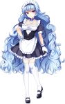  1girl agekichi_(heart_shape) apron artwhirl_mahou_gakuen_no_otome-tachi bangs black_footwear black_skirt black_sleeves blue_bow blue_hair bow breasts cleavage closed_mouth collarbone curly_hair frilled_skirt frills full_body gloves hand_on_hip long_hair looking_at_viewer maid maid_headdress medium_breasts miniskirt red_eyes shiny shiny_hair short_sleeves silvia_(artwhirl) skirt smile solo standing tachi-e thighhighs transparent_background very_long_hair waist_apron white_apron white_gloves white_thighhighs 