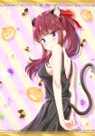  1girl absurdres animal_ears arms_behind_back bare_arms black_dress blue_eyes blush bow brown_hair cat_ears cat_tail closed_mouth dress fluno from_side hair_bow highres letterboxed long_hair looking_at_viewer new_game! red_bow shiny shiny_hair shoulder_blades sleeveless sleeveless_dress solo standing striped striped_background tail takimoto_hifumi yellow_background 