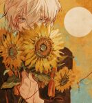  1other androgynous black_shirt blonde_hair brown_eyes colored_eyelashes covered_mouth eyelashes flower long_sleeves looking_at_viewer original p-suke shirt short_hair solo sunflower yellow_flower yellow_theme 