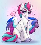  2022 blue_body blue_feathers blue_hair blue_tail blush chest_tuft cutie_mark digital_media_(artwork) equid equine eyebrows eyelashes feathered_wings feathers female feral fur hair hasbro hi_res hooves mammal mlp_g5 multicolored_body multicolored_feathers multicolored_hair multicolored_wings my_little_pony pegasus pink_body pink_feathers pink_hair pink_tail purple_body purple_feathers rico_chan sitting smile solo thick_eyebrows tuft two_tone_hair two_tone_tail white_body white_fur wings zipp_storm_(mlp) 