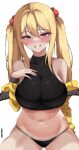  1girl absurdres blonde_hair borrowed_character breasts crop_top hair_bobbles hair_ornament highres jacket large_breasts leon_decarabia long_hair nail_polish navel original panties red_eyes sayuri_(k_pring) smile solo thighs twintails twitter_username underwear yellow_jacket 