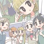  5girls \m/ animal_on_shoulder arashi_chisato bangs bird bird_on_shoulder black_hair black_shirt blonde_hair blue_dress blush bob_cut brown_hair brown_overalls double_bun dress east_sha2 green_dress hair_bun hazuki_ren heanna_sumire hug long_hair love_live! love_live!_superstar!! manmaru_(love_live!) medium_hair multicolored_hair multiple_girls official_art one_eye_closed open_mouth orange_hair overalls owl plaid plaid_dress ponytail purple_hair scared shadow shibuya_kanon shirt short_hair smile streaked_hair tang_keke twintails white_shirt 