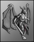  absurd_res angry anthro armor arrow_(weapon) blood bodily_fluids breasts clothed clothing dragon dragonborn_(dnd) dungeons_and_dragons female gradient_background hasbro hi_res melee_weapon monochrome partially_clothed portrait ranged_weapon revertigo signature simple_background solo spread_wings sword unconvincing_armor weapon wings wizards_of_the_coast wounded 
