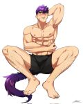  1boy abs arm_behind_head armpits bara biceps black_male_underwear blush boxer_briefs bulge highres leg_hair looking_at_viewer male_focus male_pubic_hair male_underwear manly muscular muscular_male navel ninetyyou nipples original pectorals pubic_hair pubic_hair_peek purple_hair scar scar_on_face short_hair signature sitting slit_pupils solo stomach tail topless_male underwear white_background yellow_eyes 