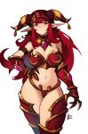  1girl absurdres alexstrasza armor bikini_armor breasts commentary distr english_commentary frown gauntlets hand_on_hip highres horn_ornament horns long_eyebrows long_hair looking_at_viewer medium_breasts midriff navel personification pointy_ears red_eyes red_hair signature simple_background solo warcraft white_background world_of_warcraft 