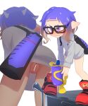  blue_hair dress full_body glasses highres ink_tank_(splatoon) no_panties octoling organ_rn pointy_ears pointy_hair purple_eyes red_footwear shoes smile sneakers splatoon_(series) splatoon_3 splattershot_(splatoon) suction_cups sweater sweater_dress tentacle_hair tentacles 