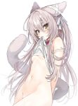  1girl animal_collar animal_ears bare_shoulders bottomless breasts camisole camisole_lift cat_ears cat_girl cat_tail collar ear_ribbon expressionless grey_hair hair_ribbon lifted_by_self long_hair mouth_hold navel nikuya_(nikuniku_nikuya) no_bra one_side_up original ribbon simple_background sketch small_breasts stomach strap_slip tail very_long_hair white_background white_camisole yellow_eyes 