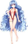  1girl agekichi_(heart_shape) armlet artwhirl_mahou_gakuen_no_otome-tachi ass_visible_through_thighs bangs bare_arms bare_legs barefoot blue_hair braid breasts cleavage closed_mouth collarbone crown_braid curly_hair full_body hair_between_eyes hand_on_hip long_hair looking_at_viewer medium_breasts red_eyes red_swimsuit revealing_clothes shiny shiny_hair silvia_(artwhirl) single_braid slingshot_swimsuit smile solo standing swimsuit tachi-e thigh_gap thighlet transparent_background very_long_hair 
