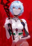  1girl @_@ absurdres ayanami_rei bangs breasts closed_mouth crossed_bangs gem hair_between_eyes headgear highres holding holding_staff light_blue_hair looking_at_viewer neon_genesis_evangelion plugsuit red_background red_eyes red_gemstone roitz_(_roitz_) short_hair small_breasts solo staff standing upper_body 