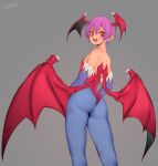  1girl :d animal_print ass bare_shoulders bat_print bat_wings breasts bridal_gauntlets darahan demon_girl english_commentary flat_chest from_behind head_wings leotard lilith_aensland looking_at_viewer pantyhose print_legwear purple_hair red_eyes red_leotard short_hair smile solo vampire_(game) wings 