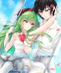  1boy 1girl armpits bare_arms black_hair breasts budgiepon c.c. closed_mouth code_geass couple dress dress_shirt flower gloves green_hair hand_on_another&#039;s_shoulder head_wreath holding holding_flower lelouch_lamperouge long_hair long_sleeves parted_lips purple_eyes red_flower shiny shiny_hair shirt short_hair small_breasts smile strapless strapless_dress twitter_username very_long_hair wedding_dress white_dress white_gloves white_shirt yellow_eyes 