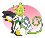  absurd_res anthro clothed clothing duo embarrassed emolga flytermo2 flytermo_(character) hi_res kecleon lee_the_kec legwear male nintendo on_lap partially_clothed pok&eacute;mon pok&eacute;mon_(species) pushing_away seductive shaking shirt sitting_on_lap stockings teasing tempting topwear video_games 