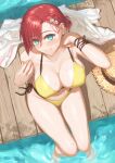  1girl aqua_eyes bangs bikini blush boudica_(fate) breasts cleavage clothes_removed covered_nipples dock earrings fate/grand_order fate_(series) flower hair_flower hair_ornament hat hat_removed headwear_removed jewelry looking_at_viewer red_hair shoe-ji sitting smile solo straw_hat swimsuit wading wet yellow_bikini 