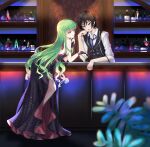  1boy 1girl :d absurdres backless_dress backless_outfit bartender black_dress black_hair black_vest blue_necktie blurry blurry_foreground bridal_gauntlets budgiepon c.c. code_geass collared_shirt dress green_hair highres indoors leaning_forward lelouch_lamperouge long_dress long_hair necktie open_mouth parted_lips purple_eyes shiny shiny_hair shirt short_hair side_slit sleeveless sleeveless_dress smile straight_hair very_long_hair vest white_shirt wing_collar yellow_eyes 
