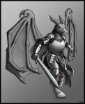  absurd_res angry anthro armor blood bodily_fluids dragon dragonborn_(dnd) dungeons_and_dragons female gradient_background hasbro hi_res melee_weapon monochrome portrait revertigo signature simple_background solo spread_wings sword weapon wings wizards_of_the_coast wounded 