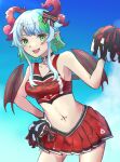  1girl black_choker blush bow breasts bsapricot_(vtuber) cheerleader choker commentary demon_girl demon_horns demon_wings earrings english_commentary fang green_hair hair_bow hair_ornament highres horns jewelry looking_at_viewer medium_breasts multiple_horns navel navel_piercing open_mouth piercing pointy_ears pom_pom_(cheerleading) red_shirt red_skirt scarz shirt short_hair short_hair_with_long_locks sidelocks skirt star_(symbol) star_hair_ornament strapless tube_top virtual_youtuber vshojo wamiya2969 wings 