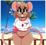  absurd_res anthro beach bikini bikini_bottom brown_body brown_fur buckteeth chest_tuft clothing eyewear female fur glasses hi_res lifeguard mammal mouse murid murine rodent seaside solo swimwear teeth tuft wireless_shiba 