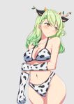  1girl absurdres animal_ears animal_print antlers azurecruiser bare_shoulders bikini blush branch breasts ceres_fauna cow_ears cow_horns cow_print elbow_gloves facing_viewer gloves green_hair grey_background highres holding_own_arm hololive hololive_english horns large_breasts leaf long_hair looking_to_the_side mole mole_under_eye navel print_bikini print_gloves raised_eyebrows simple_background skindentation solo stomach swimsuit underboob virtual_youtuber wide_hips yellow_eyes 
