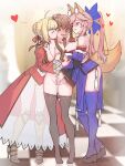 3girls absurdres animal_ears armor blonde_hair blush breasts brown_hair checkered_floor cleavage clothed_female_nude_female clothes_pull dress fate/extra fate_(series) fff_threesome fox_ears fox_tail girl_sandwich greaves group_sex hand_on_another&#039;s_face hand_on_another&#039;s_head high_heels highres japanese_clothes kishinami_hakuno_(female) kiss kissing_cheek large_breasts looking_at_another multiple_girls nero_claudius_(fate) nero_claudius_(fate/extra) nipple_slip nipple_tweak nipples nude pantyhose pantyhose_pull phi_str pink_hair platform_footwear platform_heels sandwiched smile standing tail tamamo_(fate) tamamo_no_mae_(fate/extra) thigh_gap threesome yuri 