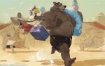  2022 anthro avian beach belly bernie_burr bottomwear brown_body canid canine clothing dessert detailed_background food group hi_res ice_cream male mammal outside overweight overweight_male running seaside shirt shorts sitting swimwear topwear ursid 