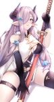  1921494015 1girl absurdres bangs bare_shoulders black_gloves blue_eyes braid breasts draph elbow_gloves gloves granblue_fantasy highres horns large_breasts long_hair looking_at_viewer narmaya_(granblue_fantasy) parted_lips pointy_ears purple_hair purple_thighhighs simple_background single_thighhigh smile solo thigh_strap thighhighs thighs white_background 