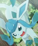  action_pose ambiguous_gender blue_body blue_markings blue_nose blue_paws eeveelution feral glaceon hi_res looking_at_viewer markings midair nintendo open_mouth outside paws plant pok&eacute;mon pok&eacute;mon_(species) pose rumine shrub solo tree video_games 